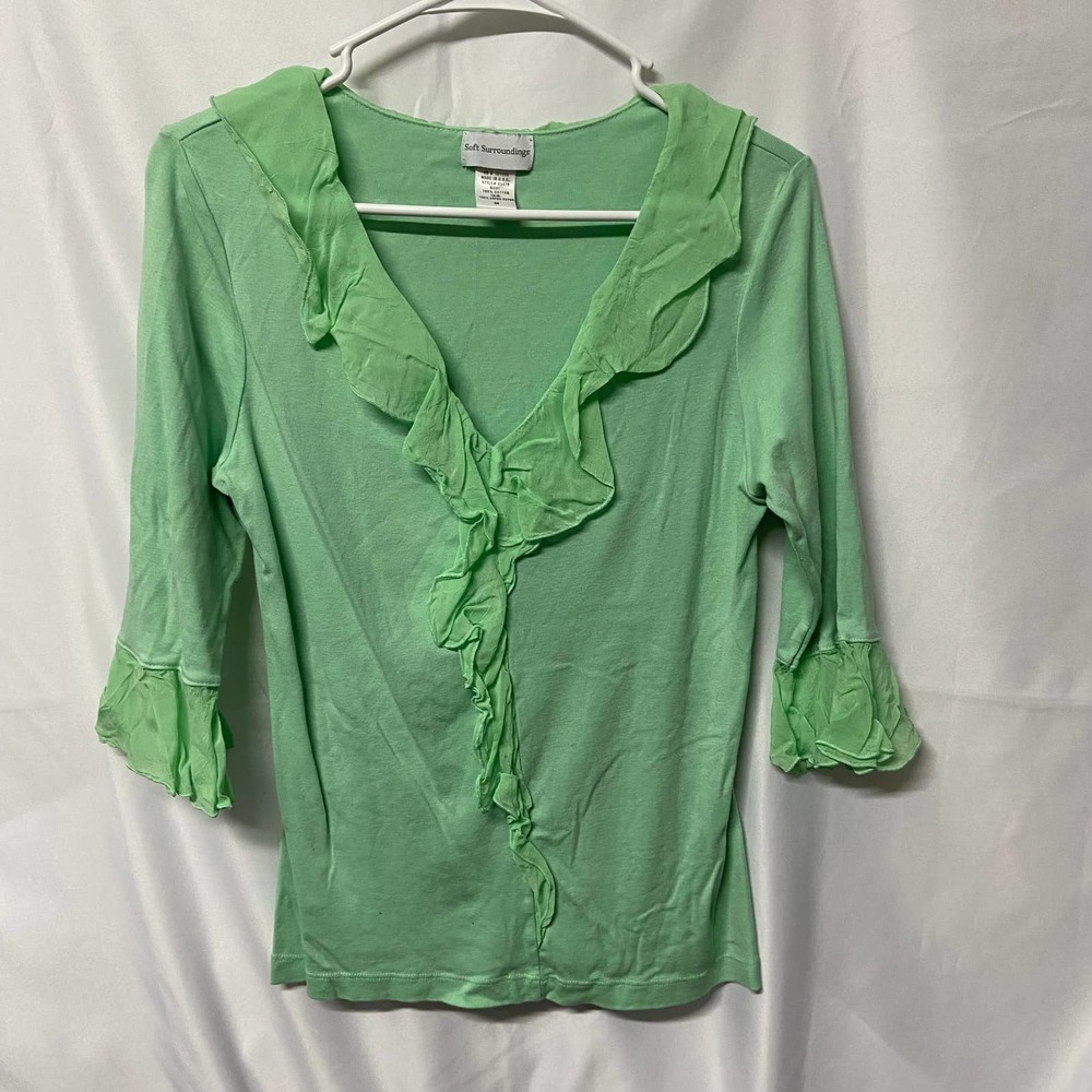 Soft Surroundings Blouse Top Green V Neck M Ruffled